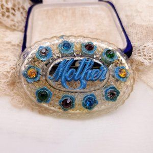Celluloid Early Plastic Mother Brooch, Vintage 194s Rhinestone pin Lacy Openwork